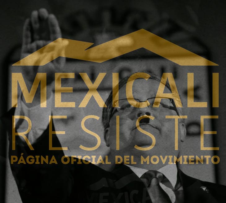 Gustavo Sánchez con el logo de Mexicali Resiste.