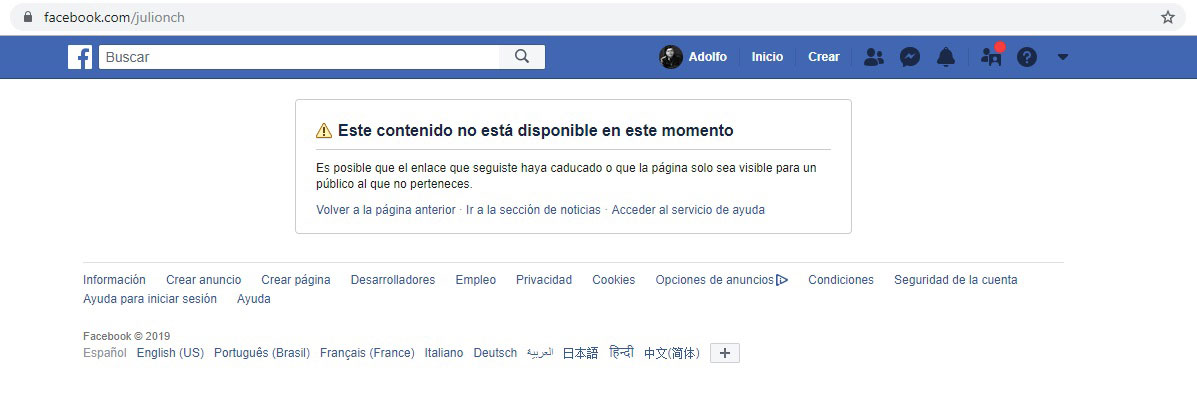 El perfil de Facebook de Julio Cesar no se encuentra disponible.