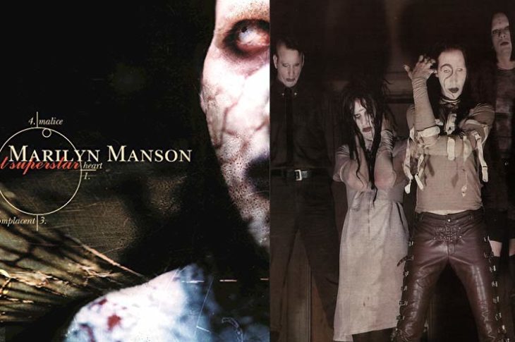 La portada Antichrist Superstar y a un lado la alineación de la banda en 1996.