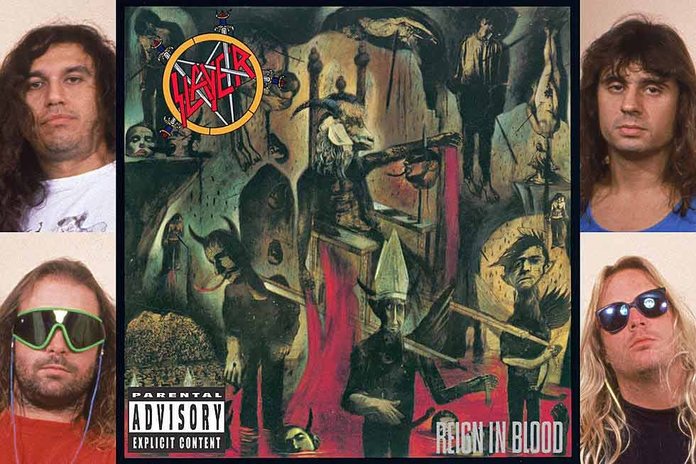 Portada de Reign In Blood con los miembros de Slayer a los costados.