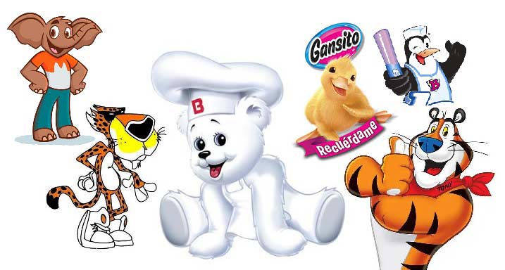 Mascotas de productos con azucares y grasas saturadas.