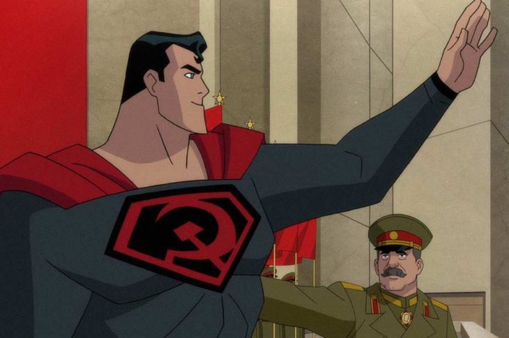 Superman: Hijo Rojo. Escena en que Stalin presenta a Superman ante los medios rusos.