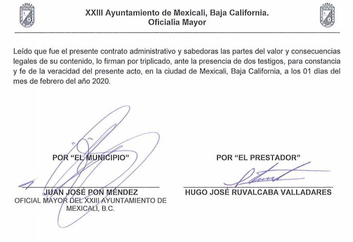 Contrato entre Ruvalcaba y el ayuntamiento de Mexicali.