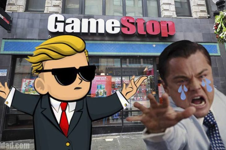 El logo de los WallStreetBets y el "lobo" de Wall Street llorando por el asunto de GameStop.