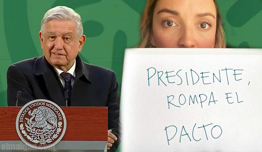 AMLO en su mañanera y a un lado Regina Blandón.