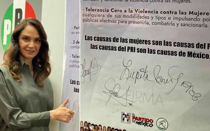 Lupita Jones firmando la Agenda del PRI.