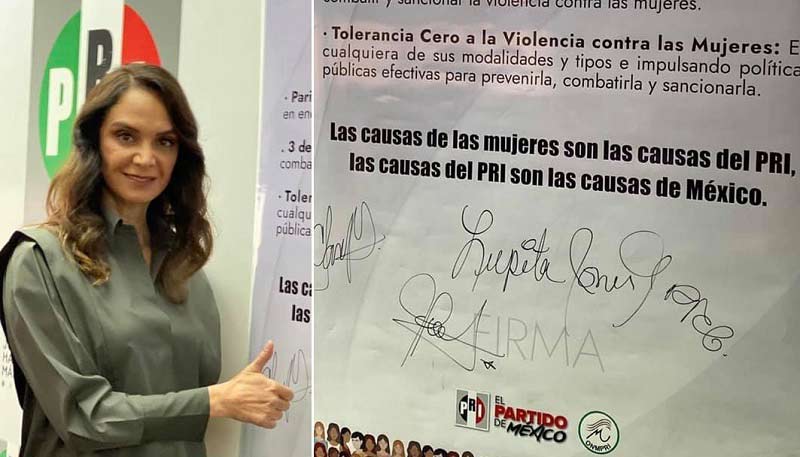 Lupita Jones firmando la Agenda del PRI.