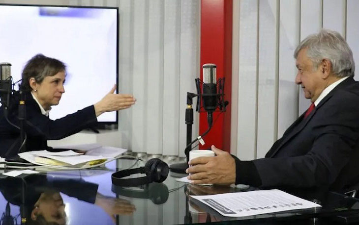 Carmen Aristegui entrevistando a AMLO en el 2018.