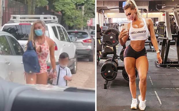 Vanesa Medina llevando a su hijo al colegio y a un lado en el gym.
