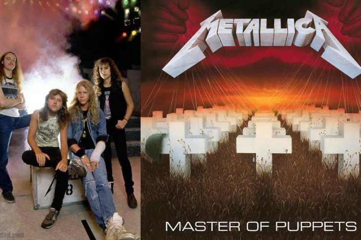 Metallica en 1986 y a un lado la portada de Master Of Puppets.
