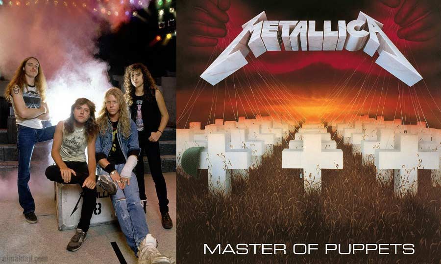 Metallica en 1986 y a un lado la portada de Master Of Puppets.