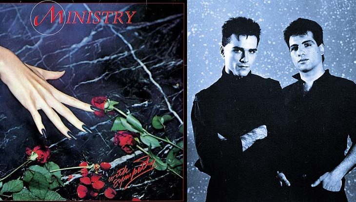 Portada del disco "With Sympathy" de Ministry, a un lado la banda en esos tiempos.