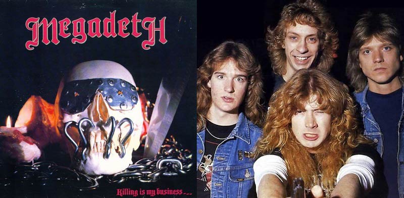 Portada de "Killing is my business... and business is good!" y la banda Megadeth en 1985.