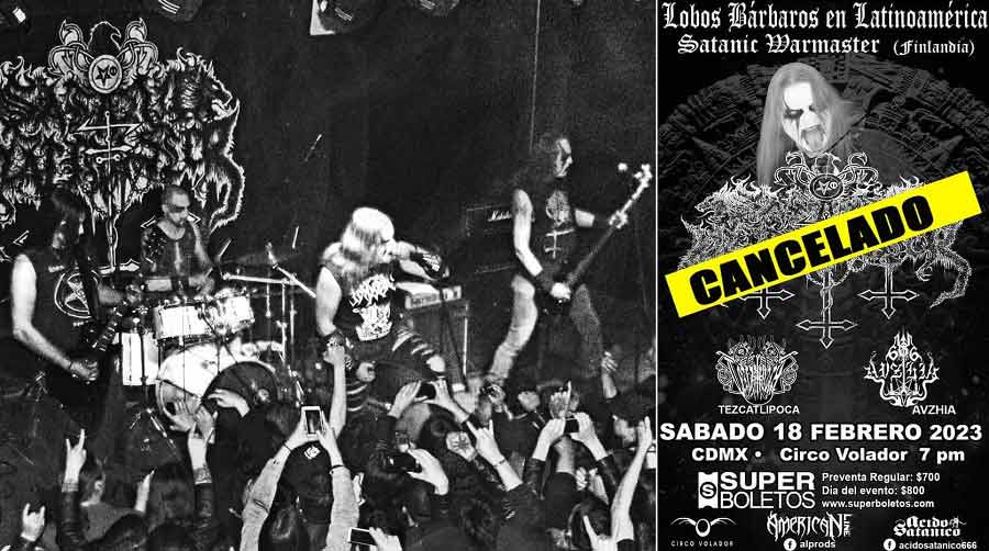 Satanic Warmaster en vivo en Colombia en 2017 y el poster de su concierto en la CDMX.
