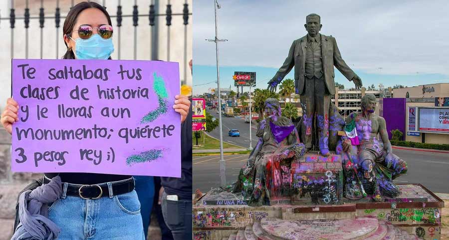 Feminista protestando y el monumento a Lázaro Cardenas en Mexicali.