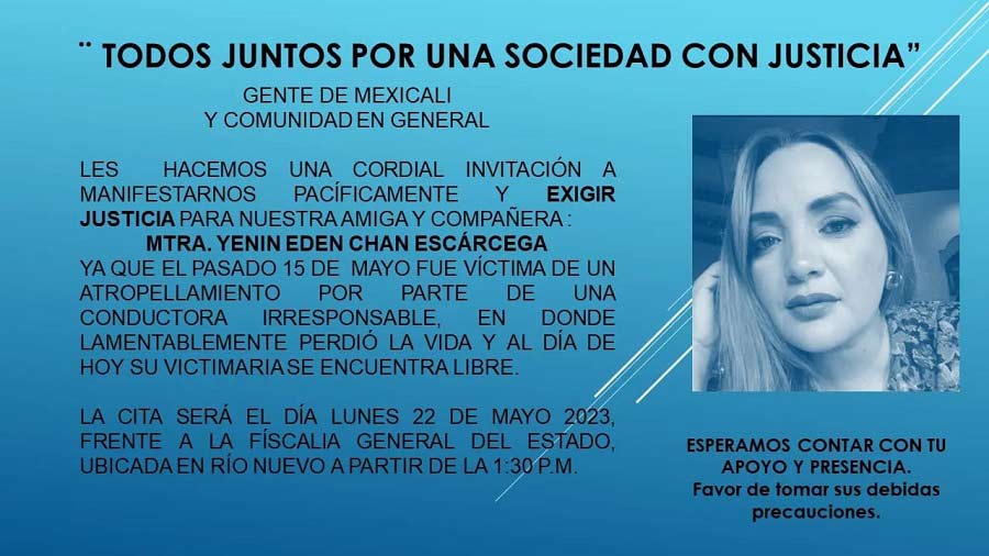 Flyer convocando a manifestación para exigir justicia en el caso de Yenin Chan.