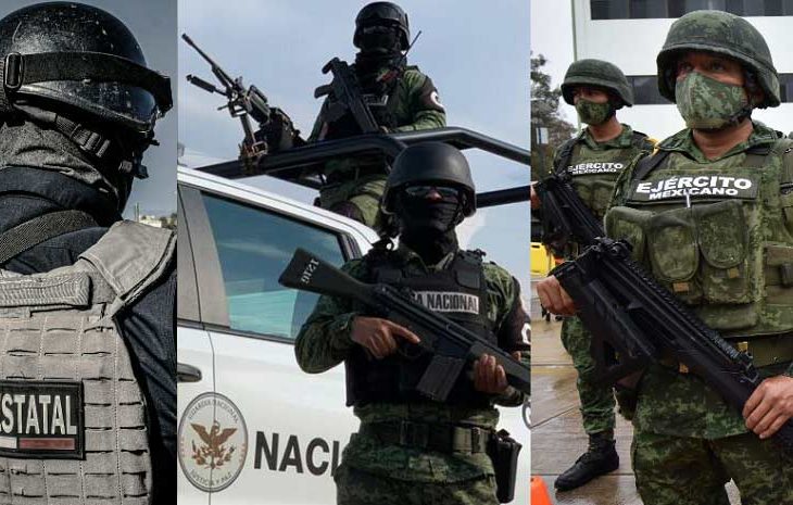 Policía estatal, elementos de la Guardia Nacional y soldados de la Sedena.