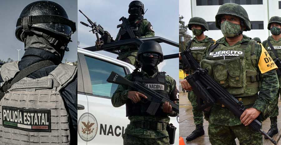 Policía estatal, elementos de la Guardia Nacional y soldados de la Sedena.