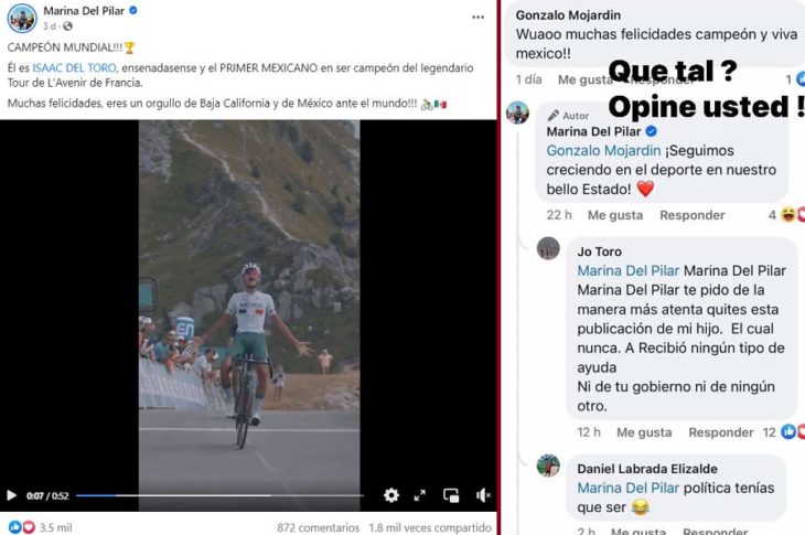 Marina del Pilar felicitando a Isaac del Toro y el comentario del padre del ciclista.