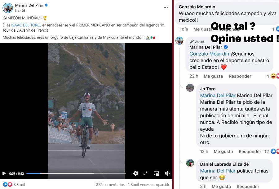 Marina del Pilar felicitando a Isaac del Toro y el comentario del padre del ciclista.