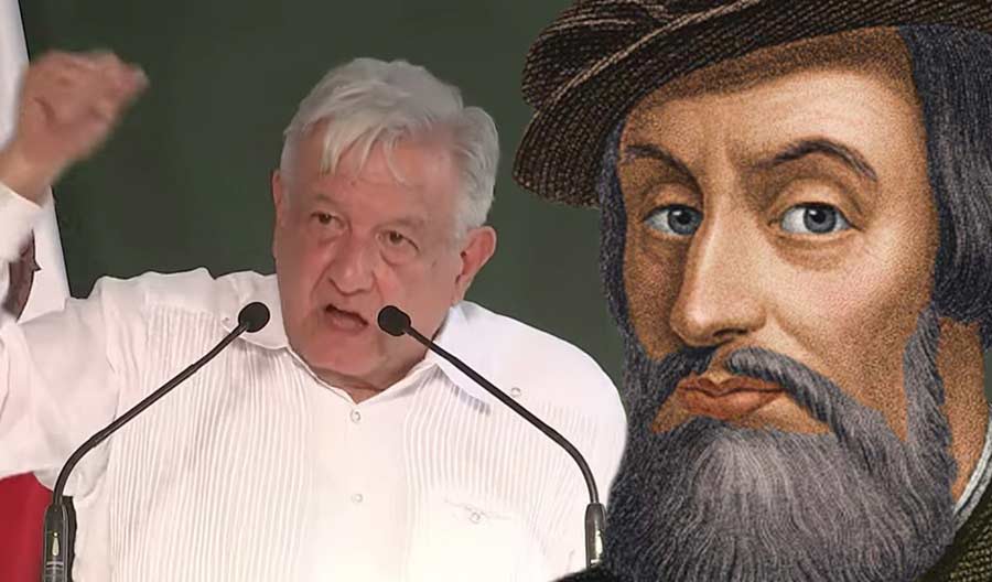 AMLO en su discurso en Culiacán y Hernán Cortés.