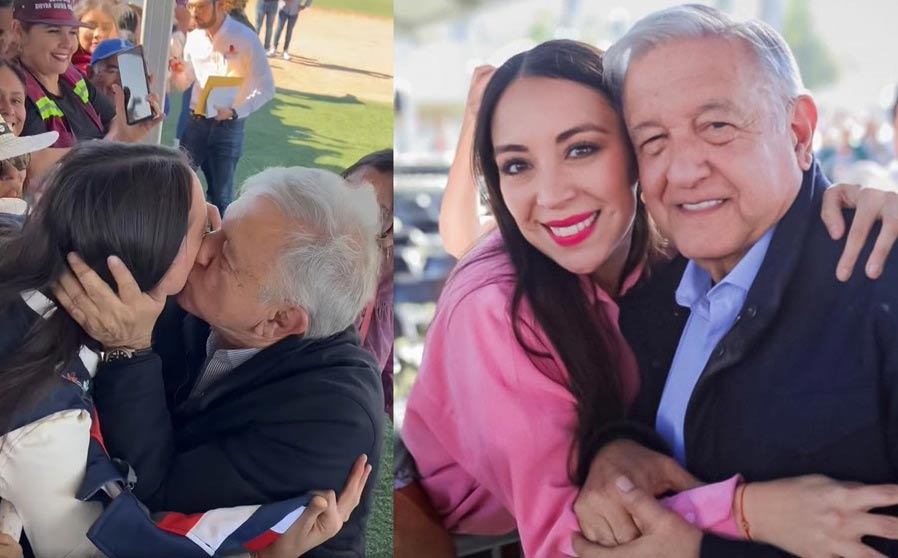 Julieta Ramírez recibiendo beso de su patriarca AMLO.