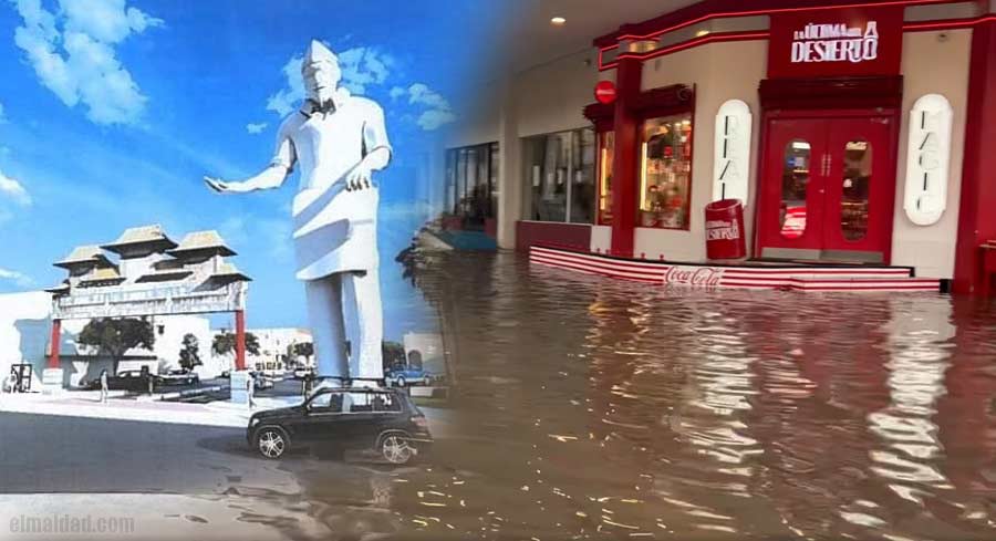 Estatua de cocinero chino y La Última Coca Cola del Desierto ante las pasadas lluvias.