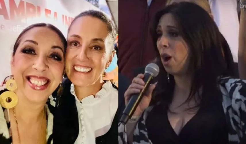 Regina Orozco junto con Claudia Sheinbaum y luego destrozando el himno.