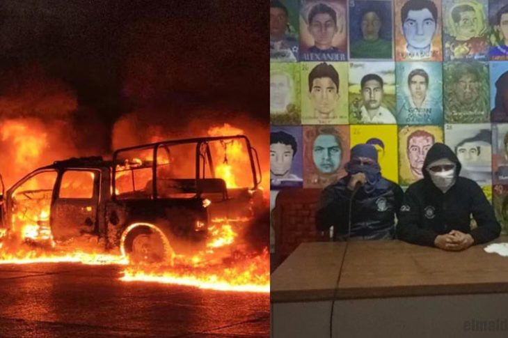 Patrulla encendida por estudiantes. Normalistas de Ayotzinapa en vivo en Facebook.