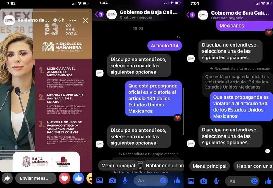Capturas de pantalla con el bot del gobierno del estado de Baja California.