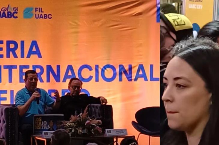 Los Periodistas en la FIL UABC 2024 y la reacción de Julieta Ramírez al escuchar a Delgado hablar de Carlos Torres. Imágenes: Periodismo Negro.
