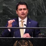 Juan Orlando Hernández dando un discurso en la ONU en el 2014.