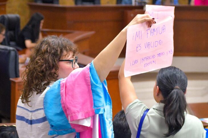 Manifestante a favor de las infancias trans en el congreso de Baja California.