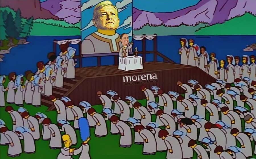 Meme del culto a AMLO encabezado por Claudia Sheinbaum.