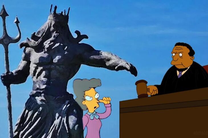 Meme de Elena Alegría contra la estatua de Poseidón ante un juez.