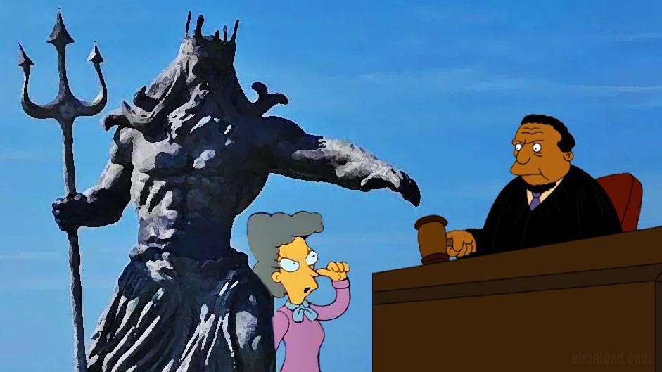 Meme de Elena Alegría contra la estatua de Poseidón ante un juez.