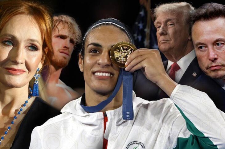 Imane Khelif mostrando su medalla de oro y J.K. Rowling, Logan Paul, Trump y Elon Musk.