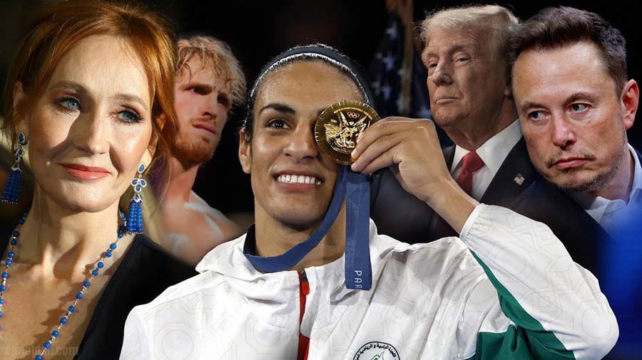 Imane Khelif mostrando su medalla de oro y J.K. Rowling, Logan Paul, Trump y Elon Musk.