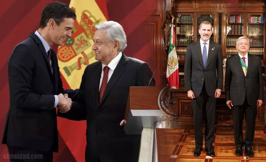 Pedro Sánchez, presidente de España con AMLO en enero de 2019 y con el rey Felipe VI el 1ro de diciembre de 2018.