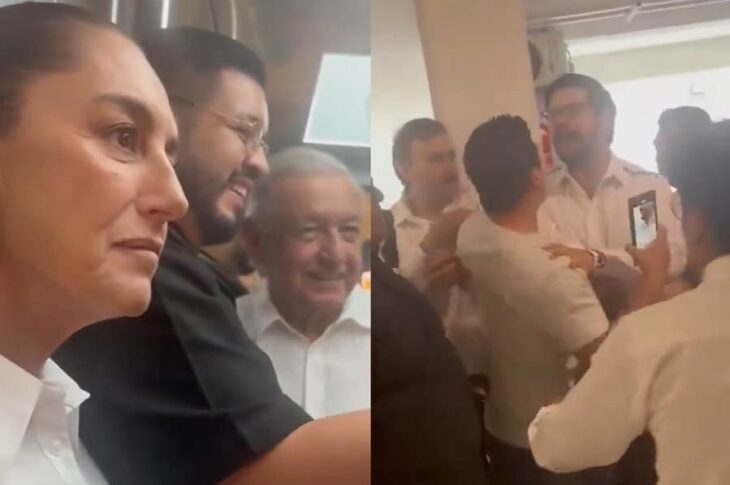 Claudia Sheinbaum, AMLO y un trabajador del poder judicial siendo detenido por la 4T.