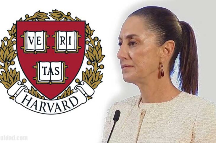 Escudo de la universidad de Harvard y Claudia Sheinbaum.