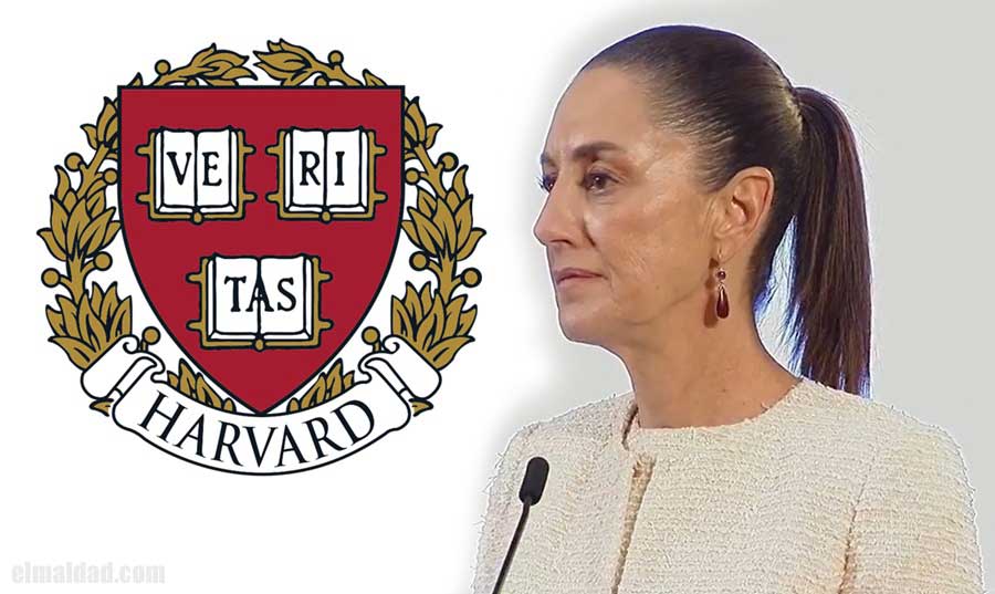 Escudo de la universidad de Harvard y Claudia Sheinbaum.