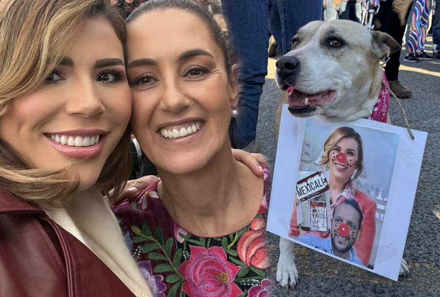 Marina del Pilar, Claudia Sheinbaum y una perrita protestando. Foto: Agencia Informativa RadarBC.