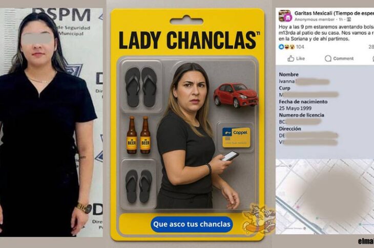Lady Chanclas, meme de Perra Hambre Mexicali y la captura de pantalla de la convocatoria.