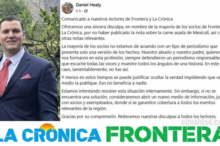Daniel Healy, su comunicado y los logos de los periódicos de Baja California pertenecientes a dicho grupo.