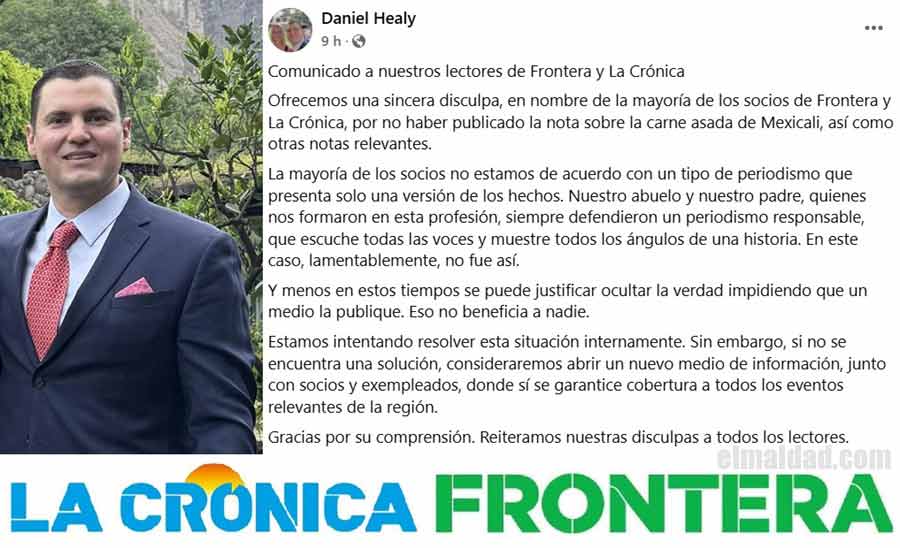 Daniel Healy, su comunicado y los logos de los periódicos de Baja California pertenecientes a dicho grupo.
