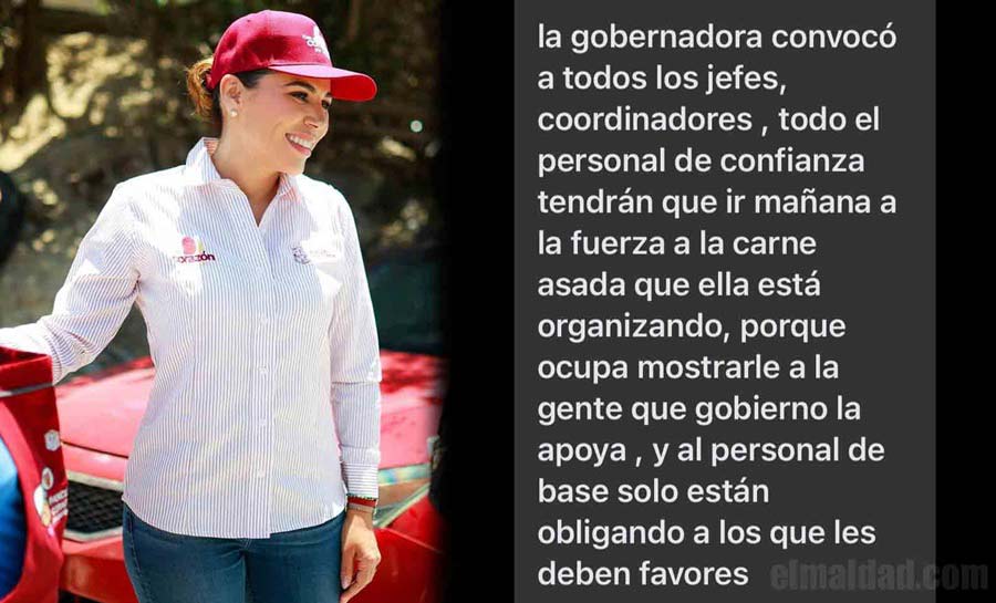 Marina del Pilar y captura de pantalla de la denuncia de la asistencia obligatoria a trabajadores del gobierno para el evento de la gobernadora.
