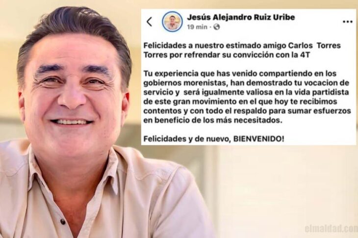 Ruiz Uribe felicitando a Carlos Torres por afiliarse a Morena.
