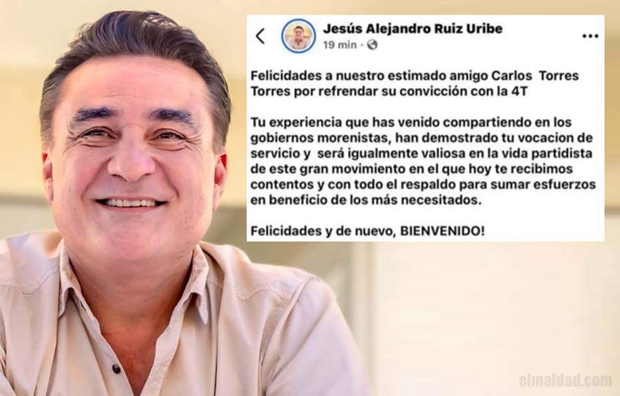 Ruiz Uribe felicitando a Carlos Torres por afiliarse a Morena.