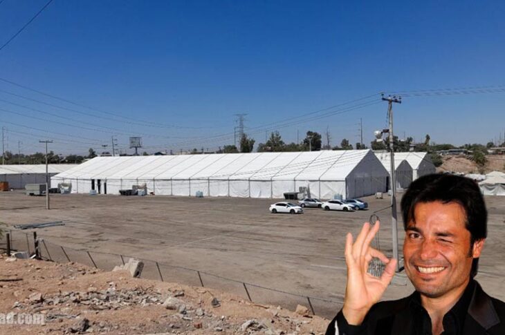 Carpas de albergue migrante en el Fex y Chayanne sonriente.